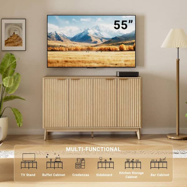 Cabinson Natural Oak 55 in. W x 15. 75 in. D x 34. 45 in. H Sideboard Buffet Cabinet and 4 Doors