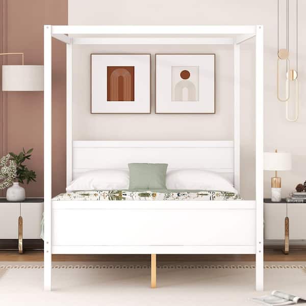 White Frame Queen Size Canopy Bed with Headboard and Footboard, Slat Support Leg
