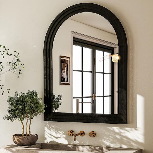 XRAMFY 30 in. W x 40 in. H Arched Classic Black Wooden Framed Bathroom Vanity Mirror Wall Mirror