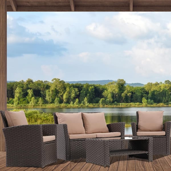 4-Piece Wicker Patio Conversation Set Rattan Seating Set with Loveseat Sofa Chair, Sand Cushion