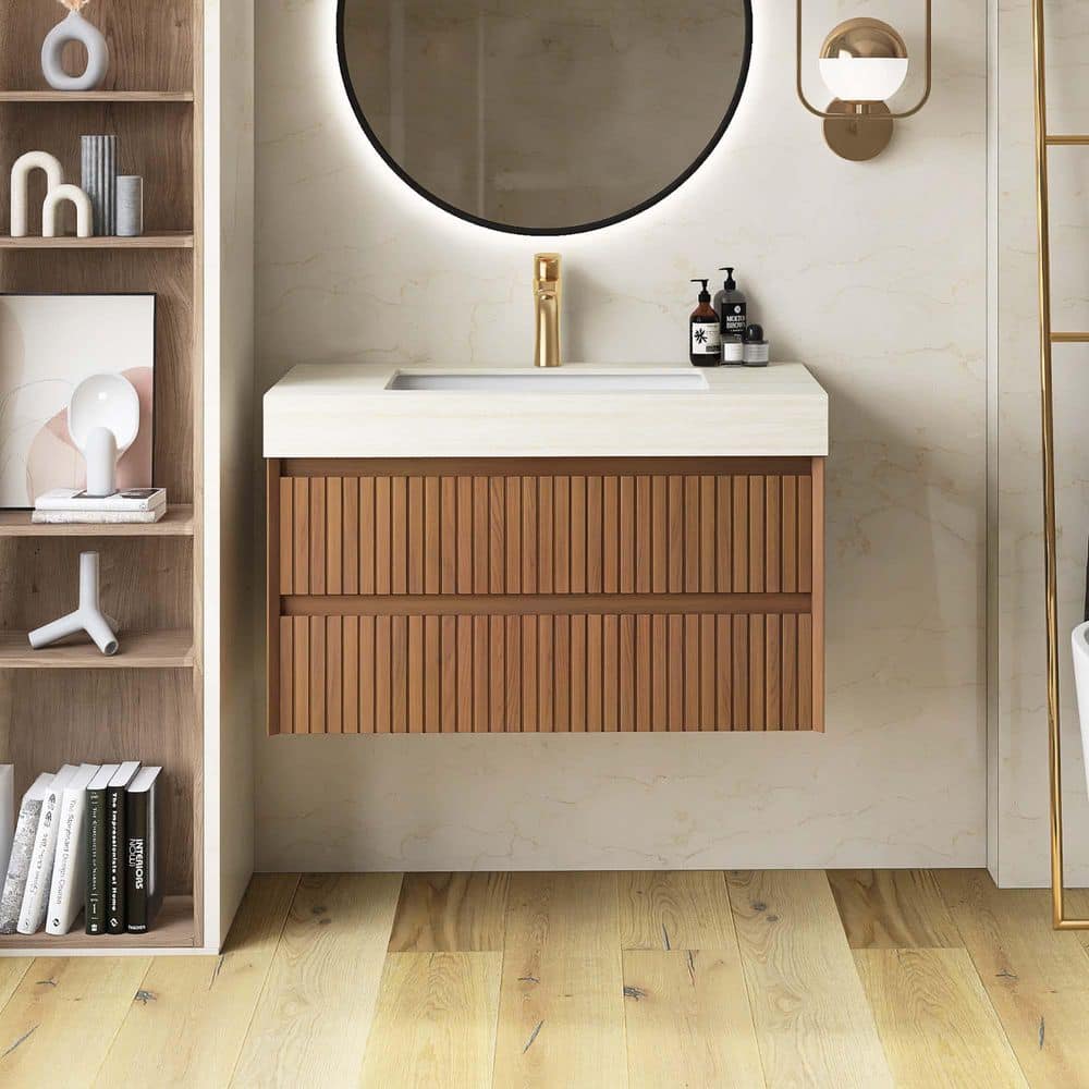Yingze 36 in. Wall-Mounted Single Sink Brown Oak Bath Vanity with