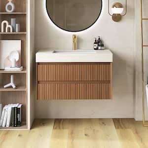 Yingze 60 in. Wall-Mounted Double Sink Brown Oak Bath Vanity with