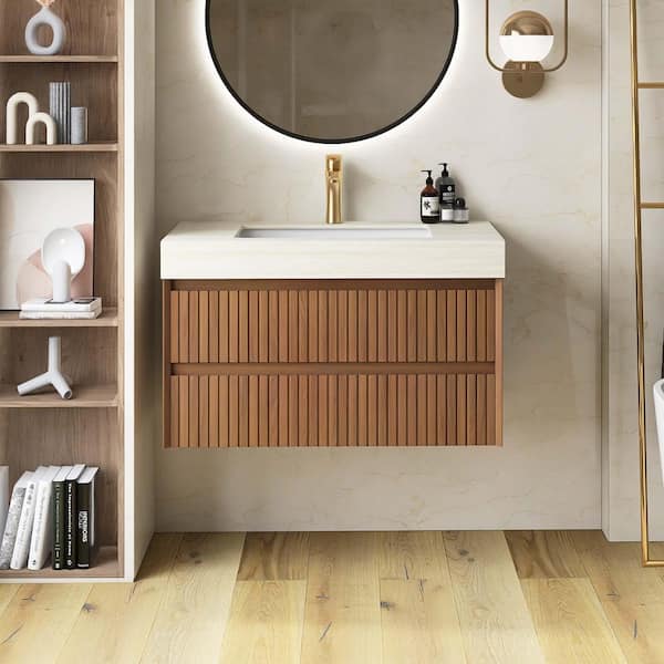 yu＊M Yingze 36 in. Wall-Mounted Single Sink Brown Oak Bath Vanity with