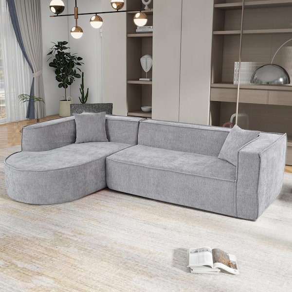 109.2 in. L Shaped Chenille Sleek Modern Sponge Sectional Sofa in Gray with 2-Throw Pillows, no Assembly Required