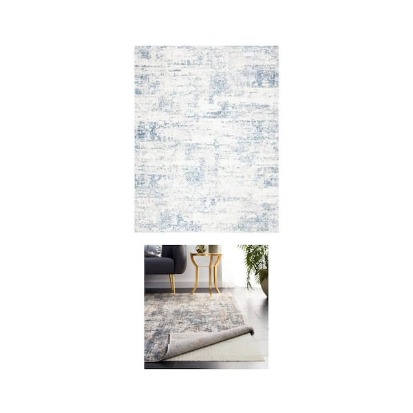 Amelia 9 ft. x 12 ft. Ivory/Blue Abstract Rug with 9 ft. x 12 ft. Flat White Non-Slip Rug Pad Combo