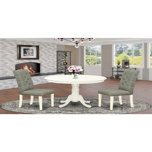 East West Furniture 3-Piece Linen White Finish Solid Wood Top-Round Dining Room Set-Seats 4