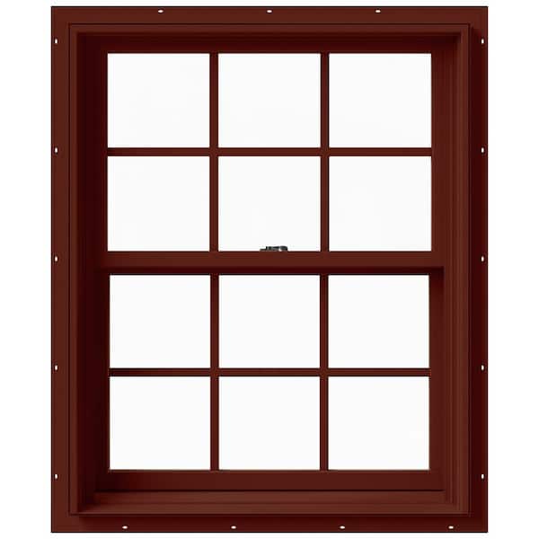 JELD-WEN 29.375 in. x 36 in. W-2500 Series Red Painted Clad Wood Double Hung Window w/ Natural Interior and Screen