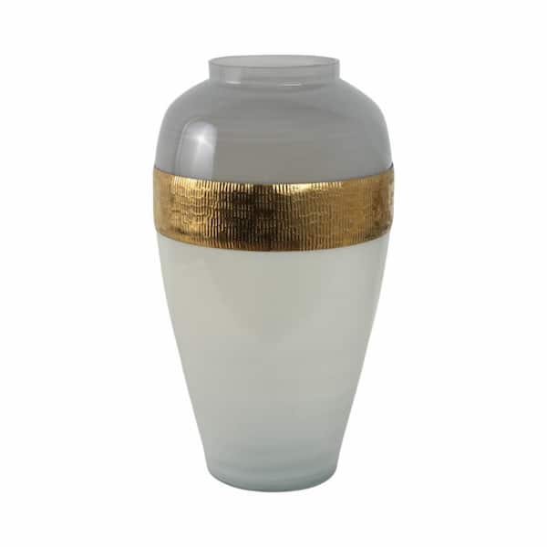 21 in. White Glass Round Ginger Vase with Brass Band