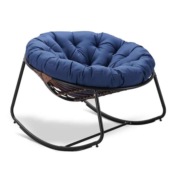 Tenleaf Rattan Rope Dark Gray Frame 40 in. W Metal Outdoor Rocking Chair with Navy Blue Olefin Cushion