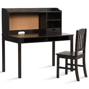 44 in. Kids Desk and Chair Set Study Writing Desk with Hutch and Bookshelves Brown 2-Piece