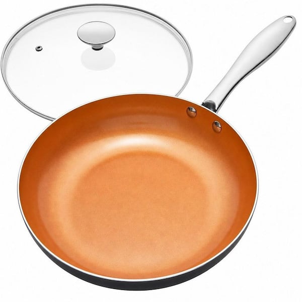 10 in. Aluminum Nonstick Frying Pan with Lid, Scratch Resistant Ceramic Coating Skillet for Home Kitchen Cooking