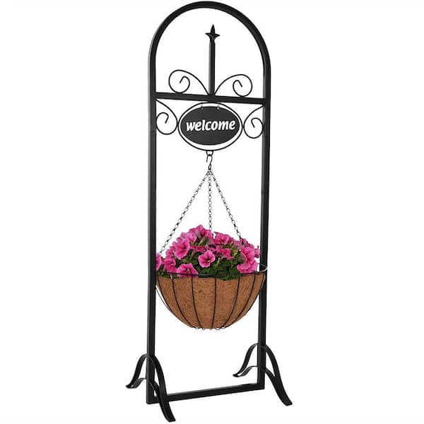 Sunnydaze 48 in. Decorative Iron Welcome Sign and Hanging Basket Planter Stand