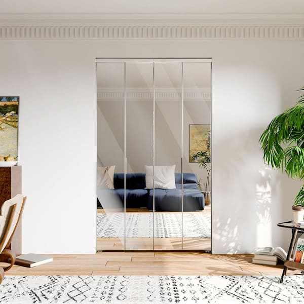 48 in. x 80 in., Mirrored Glass, Silver, Hollow Core, MDF, Aluminum Frame, Full Lite Bi-fold Doors with Hardware Kits