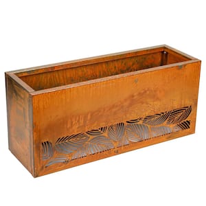 36 in. Long Corten Steel Rectangular Planter with Cut Out Leaves Pattern