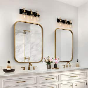 Modern Bathroom Vanity Light 3-Light Black and Brass Cylinder Wall Sconce Light with Clear Glass Shades
