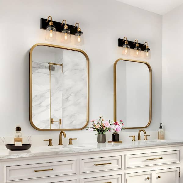 Modern Bathroom Vanity Light 3-Light Black and Brass Cylinder Wall Sconce Light with Clear Glass Shades