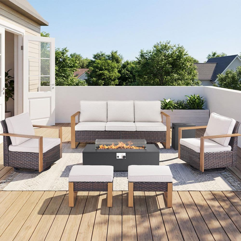 Funky 6-Piece Fire Pit Patio Set Brown Wicker Outdoor Conversation Sets with Swivel Rocking Chairs and Beige Cushions price history on PriceWatchPro