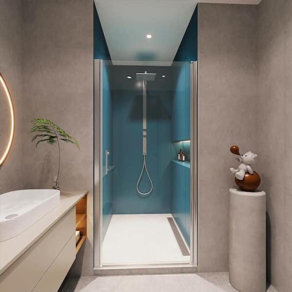 Staykiwi 24 to 25.37 in. W x 72 in. H Semi Frameless Pivot Shower Door in Chrome Finish with Clear Tempered Glass
