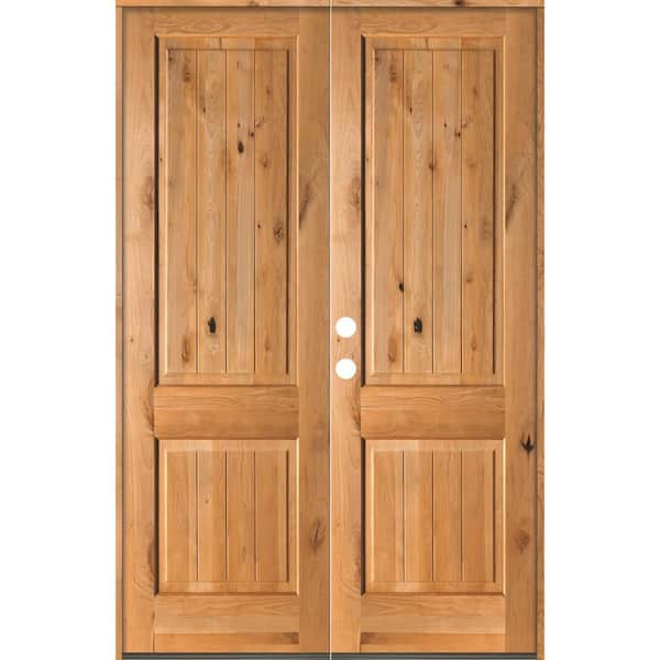 64 in. x 80 in. Rustic Knotty Alder Square Top Clear Stain /V-Groove Right-Hand Inswing Wood Double Prehung Front Door