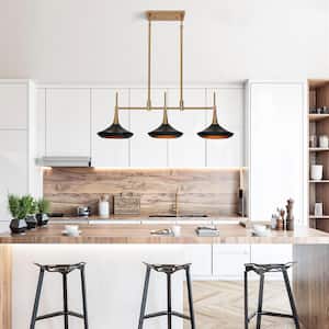 Modern 3-Light Large Black Linear Kitchen Island Chandelier Mid-Century Plating Brass Dining Pendant with Metal Shades