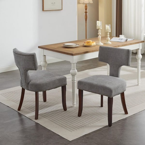 Gray Modern Dining Chairs Set of 2, Upholstered Accent Chairs with Curved Backrest & Copper Nails, Solid Hardwood Frame