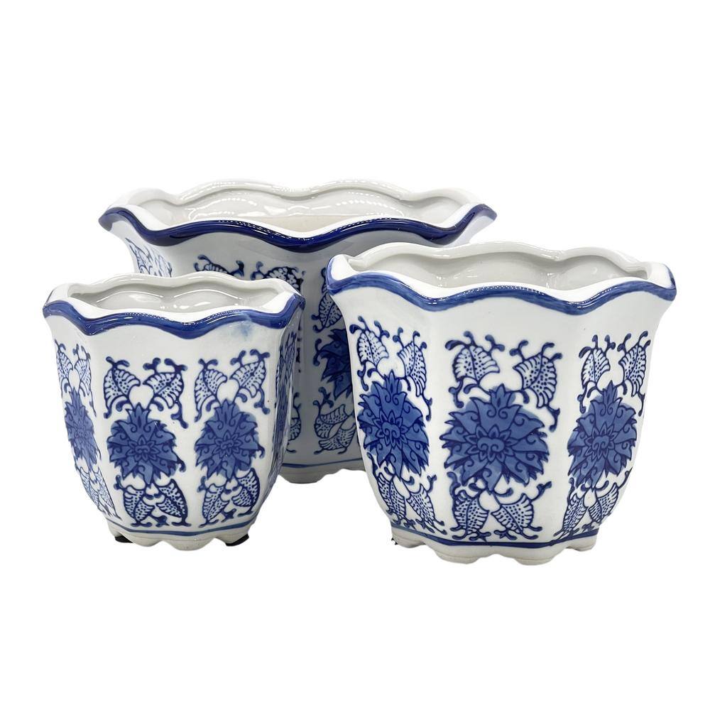 Set of 3 Blue and White Ceramic Floral Planter Pots