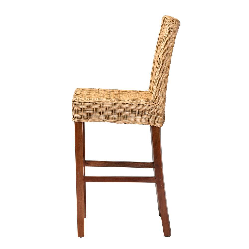 Racquel Natural Rattan and Mahogany Wood Bar Stool with Ergonomic Footrests