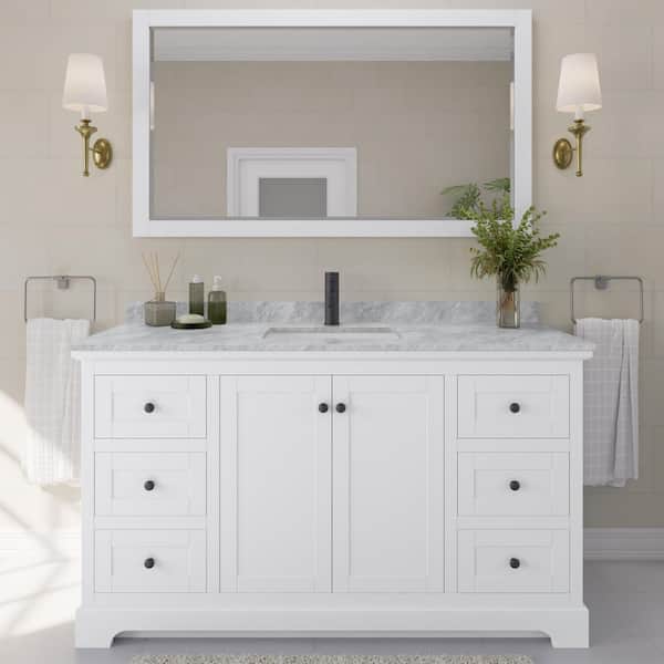 Wyndham Collection Avery 60 in. W x 22 in. D x 35 in. H Single Bath Vanity in White with White Carrara Marble Top