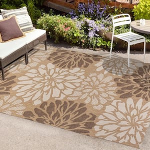 Zinnia Modern Floral Textured Weave Brown/Cream 3 ft. x 5 ft. Indoor/Outdoor Area Rug