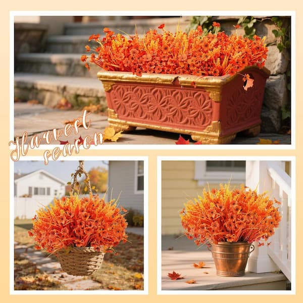 5 in. H Orange Artificial Mums Flowers for Outdoor Decor, Set of