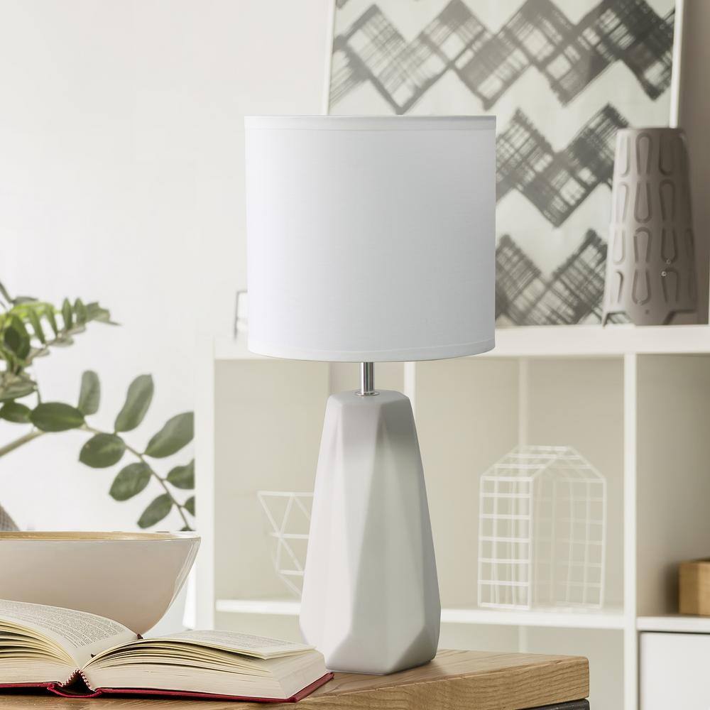 White Ceramic Geometric Nightstand Lamp with Barrel Shade