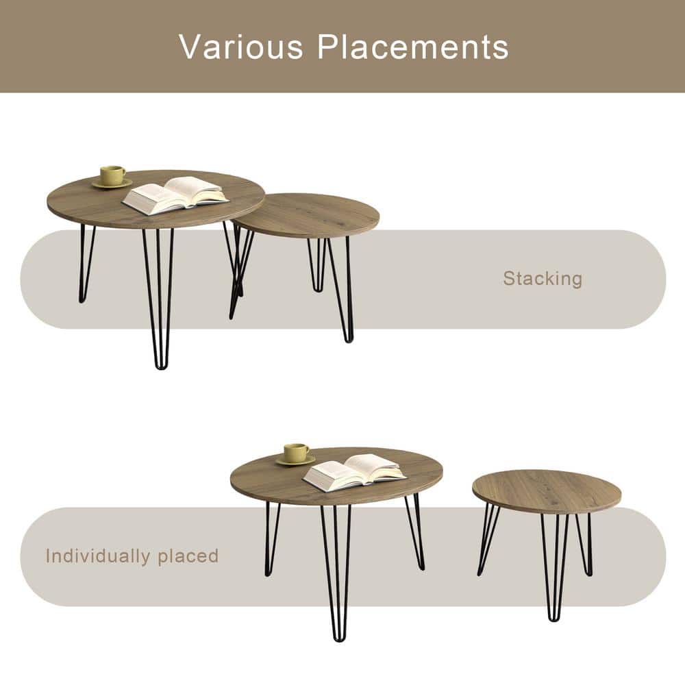 Rustic Brown Round Nesting Coffee Table Set with MDF Top