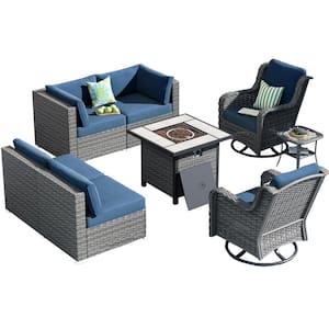 Poseidon Gray 8-PieceWicker Outerdoor Patio Fire Pit Set and with Denim Blue Cushions and Swivel Rocking Chairs