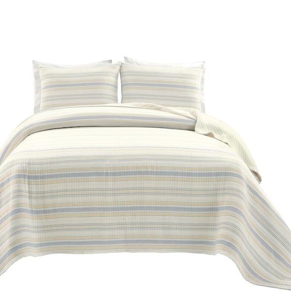 Solange Stripe Kantha Pick Stitch Yarn Dyed Cotton Woven Quilt Yellow/Gray 3-Piece King Set