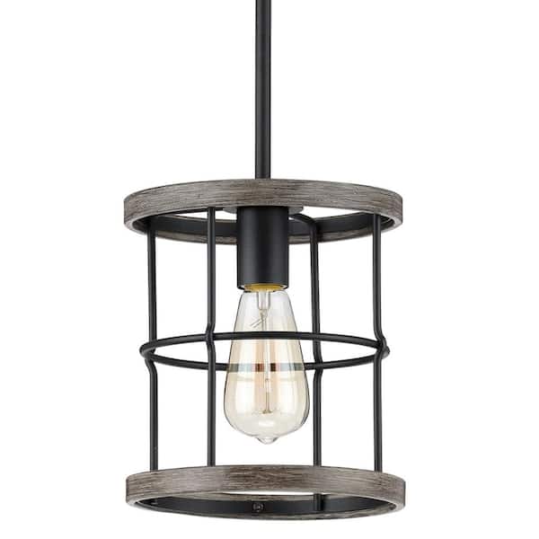 Fairforest 1-Light Matte Black with Aged Oak Accents Mini-Pendant