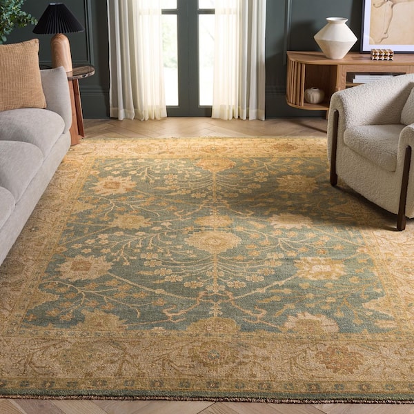 Oushak 12 ft. x 15 ft. Medium Blue/Green Border Area Rug