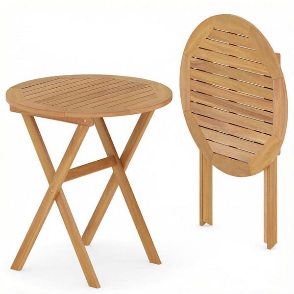 Natural Round Wood Outdoor Bistro Table with Slatted Tabletop and X-Shaped Structure Coffee Table