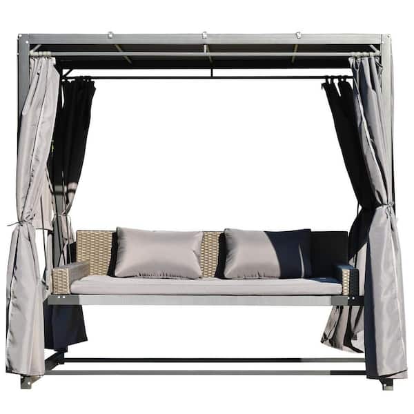 Tunearary 2-3 People Black Frame Steel Patio Swing Bed in Dark Gray Cushions with Canopy and Adjustable Curtains