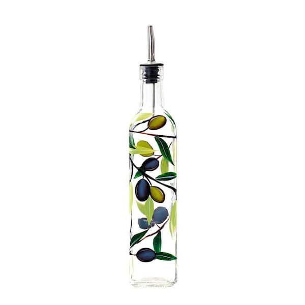 17 oz. Glass Green Olive Oil Vinegar Dispenser Bottle Hand-Painted Airtight Non-Drip Pour Spout