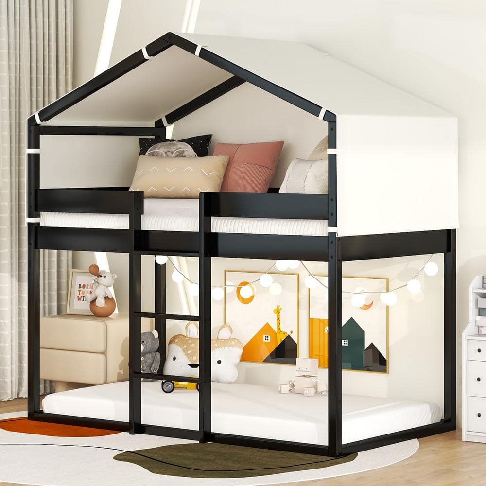 Polibi Twin Over Twin Bunk Bed Wood Bed With Tent, Espresso RS-39621-P ...