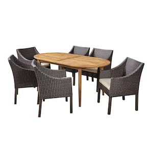 Stamford 7-Piece Wood and Faux Rattan Outdoor Dining Set with Beige Cushions
