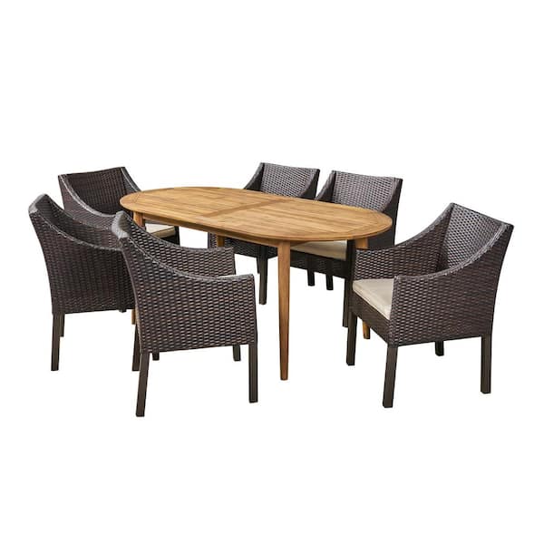 Stamford 7-Piece Wood and Faux Rattan Outdoor Dining Set with Beige Cushions