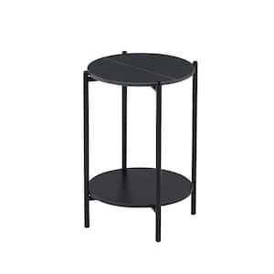 Black 2-layer End Table Round Coffee Table with Whole Marble Tabletop and Black Metal Frame