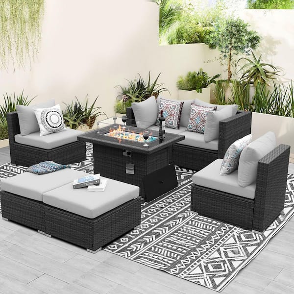 Luxury 7-Piece Charcoal Wicker Patio Fire Pit Conversation Sectional Deep Seating Sofa Set with Light Grey Cushions