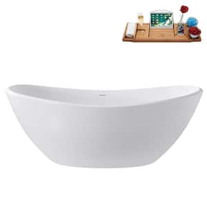 75 in. x 35 in. Acrylic Freestanding Soaking Bathtub in Glossy White with Glossy White Drain, Bamboo Tray