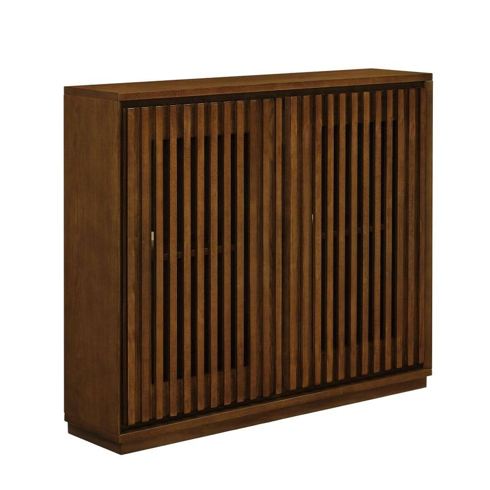 Walnut Brown Solid Wood Buffet with Vintage Fluted Design, 2 Outlet Holes, Storage Cabinet
