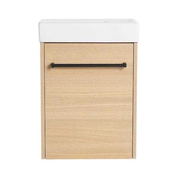Boosicavelly 16 in. W x 9 in. D x 22 in. H Single Sink Wall-Mounted Bath Vanity in Light Oak with White Ceramic Top