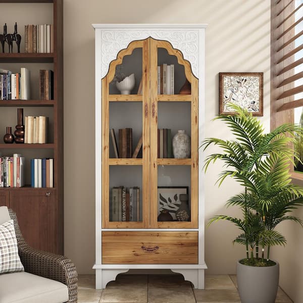 70.9 in. Tall White Wood 3-Shelf Accent Bookcase with Glass Doors, Drawer, Victorian Style (31.5 in. Wide)