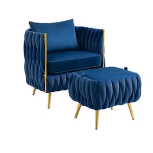 Modern Comfy Upholstered Navy Blue Velvet Accent Arm Chair with Storage Ottoman Set