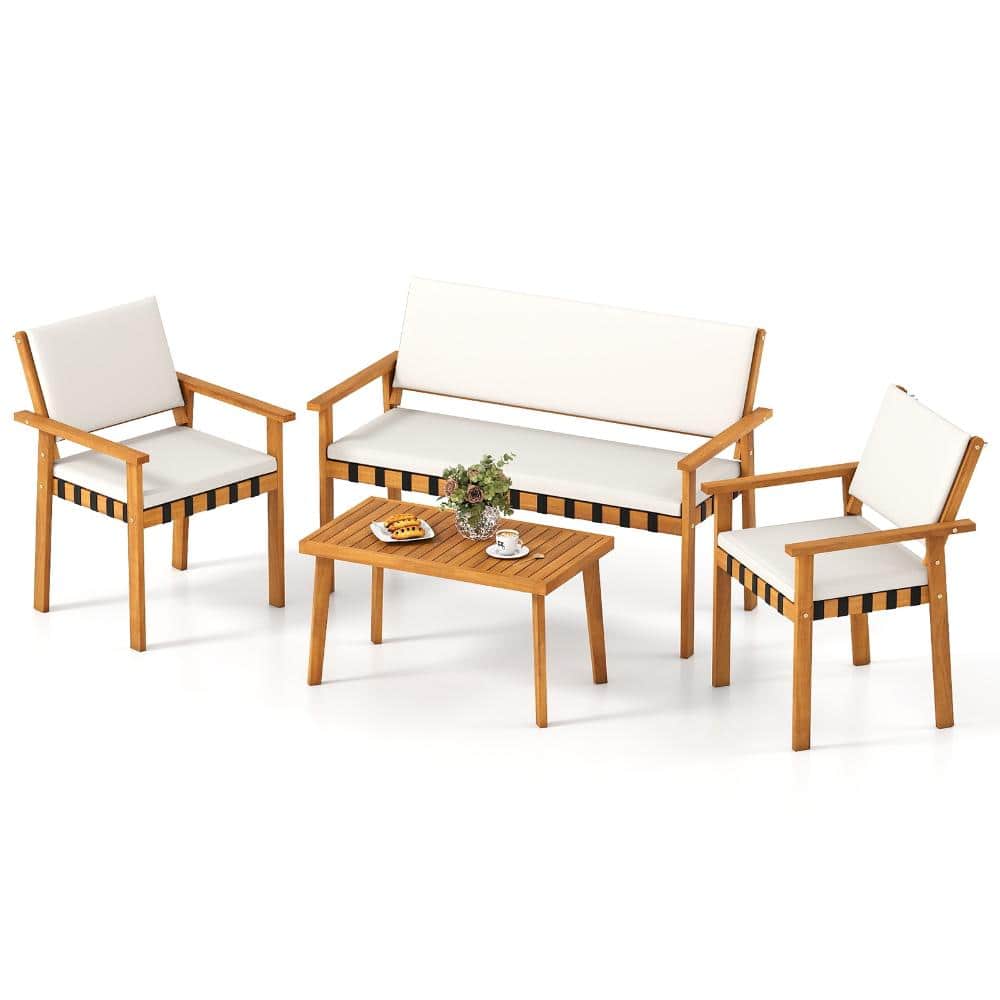 4-Piece Acacia Wood Outdoor Patio Conversation Set with Coffee Table and Cushions, White price history on PriceWatchPro